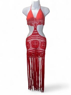 Red Crochet Festival Fringe Dress